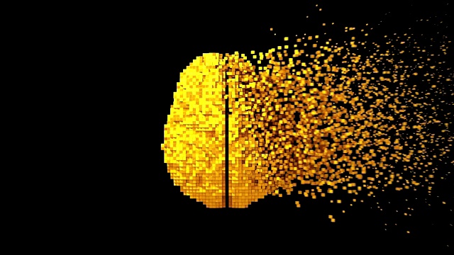 4 k。金色数字大脑在黑色背景下的分解。视频素材