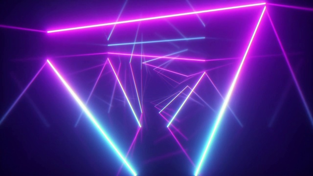 抽象飞行在未来主义的三角形走廊，无缝循环4k背景，荧光紫外线，彩色激光霓虹线，几何无尽的隧道，蓝粉色光谱，3d渲染视频下载
