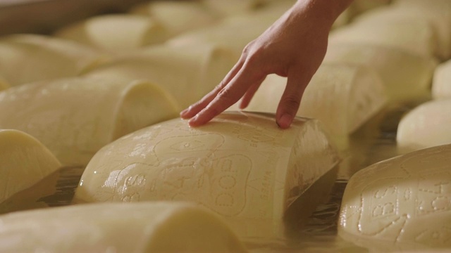 干酪制作者控制着帕尔玛干酪的调味料，帕尔玛干酪要成熟好几个月。加工过程遵循古老的意大利传统。视频素材