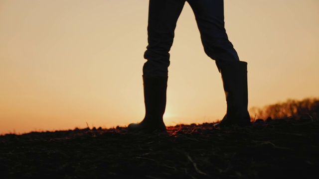 男农民穿着橡胶靴走过耕种过的农田视频素材