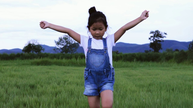 4k亚洲儿童女孩和父亲与风筝跑和快乐的草地在夏季的自然视频素材