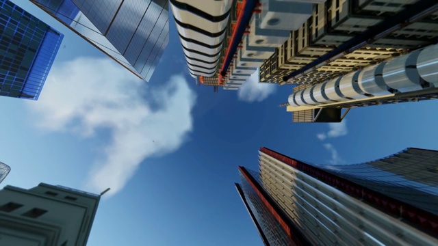 办公大楼上空的飞机，旅行摄像头视频素材