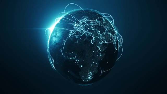 4k蓝色地球仪与连接线(中心)- 6秒后可循环-国际网络/航班航线视频下载