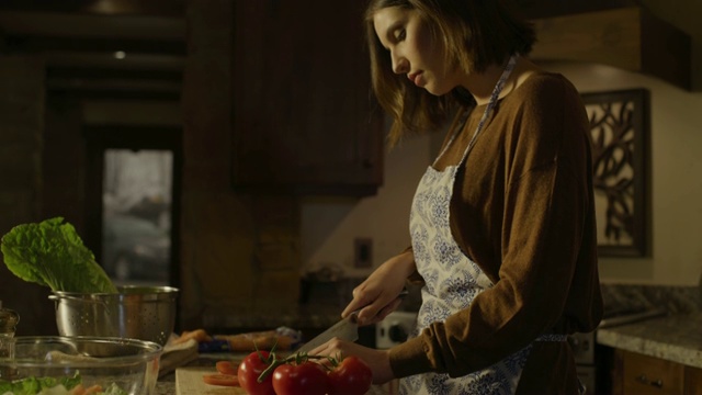 在美国犹他州的雪松山，一位妇女正在厨房为沙拉切西红柿视频素材