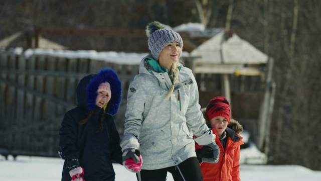 美国犹他州南福克，冬日雪地里母亲与孩子们散步聊天的跟踪镜头视频素材