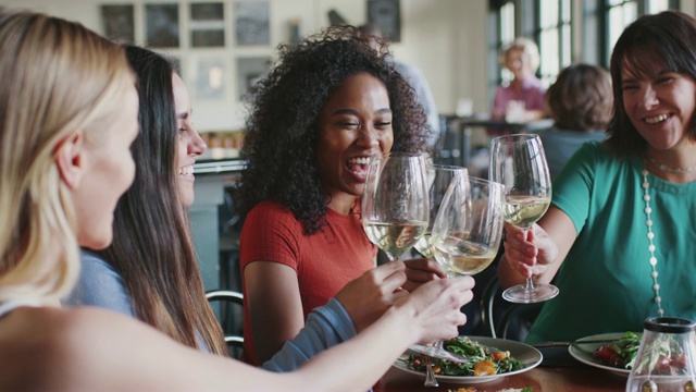 一群女性朋友在餐厅用餐时祝酒视频素材