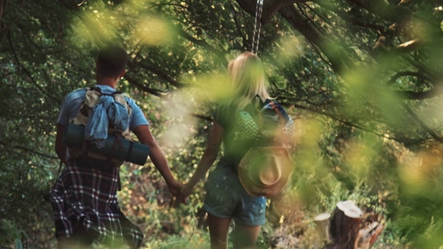 快乐的年轻夫妇在森林里徒步旅行视频素材