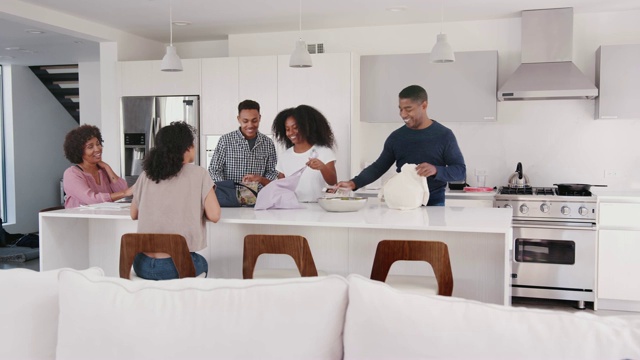 黑人家庭在他们的厨房,开箱杂货,把它们珍贵植物视频素材