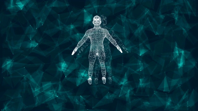 抽象的人类形体。3D动画的男性半机械人的数字背景与控制粒子视频素材