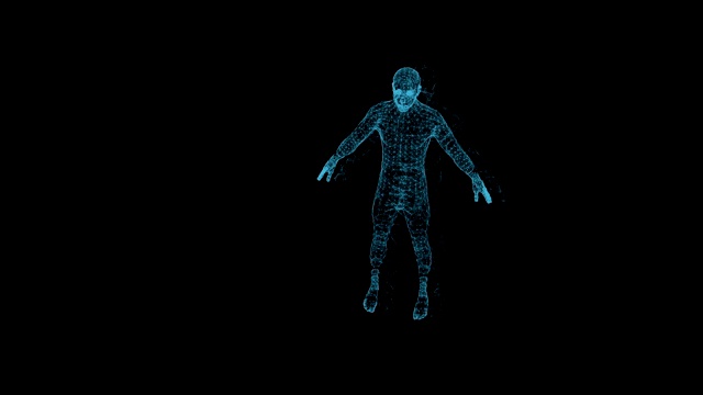 抽象的人类形体。3D动画的男性半机械人在一个黑色的背景视频素材