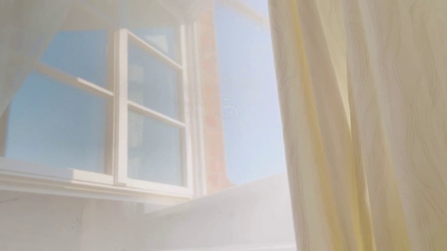 透明的窗帘在开着的窗户上随风飘动视频下载