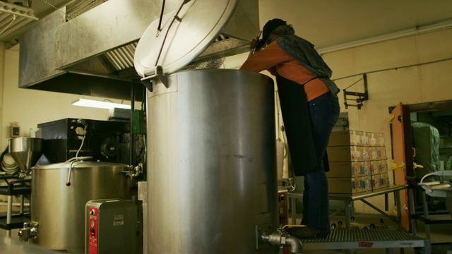 一个六十多岁的白人妇女爬上一个脚手架，在一个商业厨房/制造设施里用长桨搅拌一个大型金属储存罐里的液体食物视频素材
