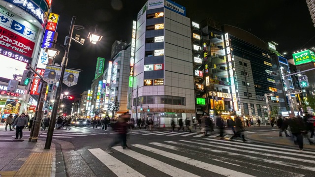 4K时间推移-放大人行横道斑马线和购物中心的新桥地区-日本东京视频素材