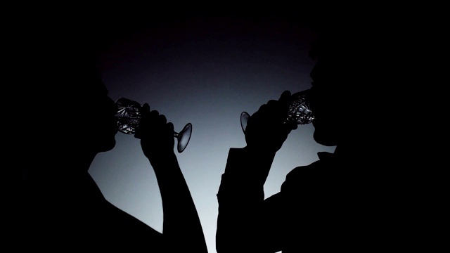 一男一女举起酒杯，说祝酒，喝。视频下载