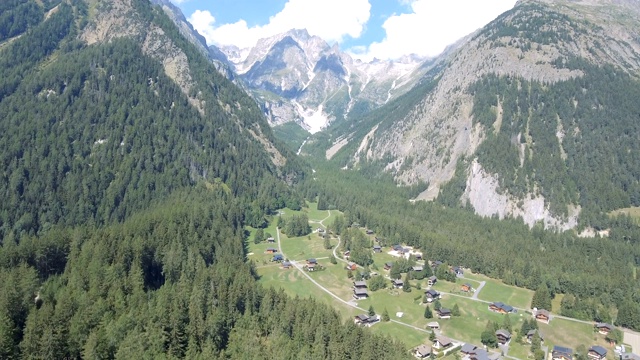 令人惊叹的无人机拍摄的阿尔卑斯山河谷和周围的松林在夏季。视频素材