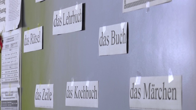 学习语言-德语。印刷在纸上的单词是德语(Head, Witch, Picture Book, Word, Line, Cookbook)。德语类概念。视频下载
