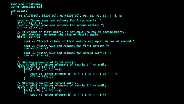 c++编程代码运行下的计算机屏幕终端视频素材