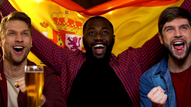 挥舞着西班牙国旗的体育迷们在酒吧里观看比赛，为国家队欢呼视频下载