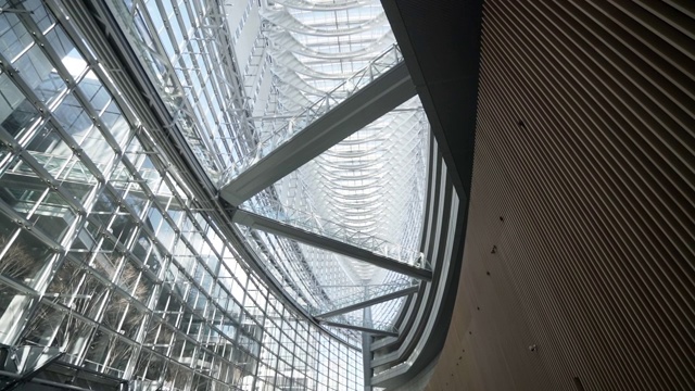从自动扶梯，相机平移到带有现代天花板的自然采光建筑视频素材