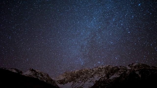 银河系在雪山上移动的时间流逝视频。视频素材