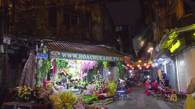 越南河内新年准备期间的鲜花街市场摊位。越南春节期间的河内夜市街。庆祝新年的装饰品。还剑老城区视频下载