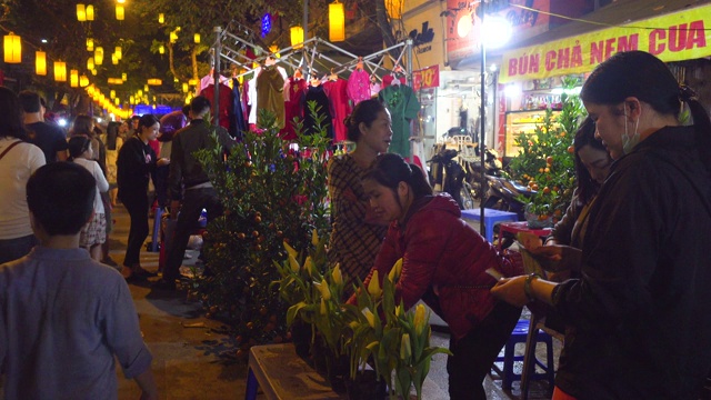 越南河内，一名妇女在夜市上买花准备新年。还剑老城区视频素材