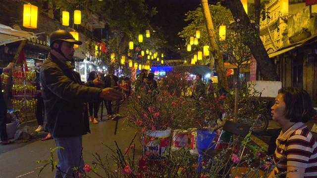 河内新年准备期间的鲜花夜市。还剑老城区视频素材