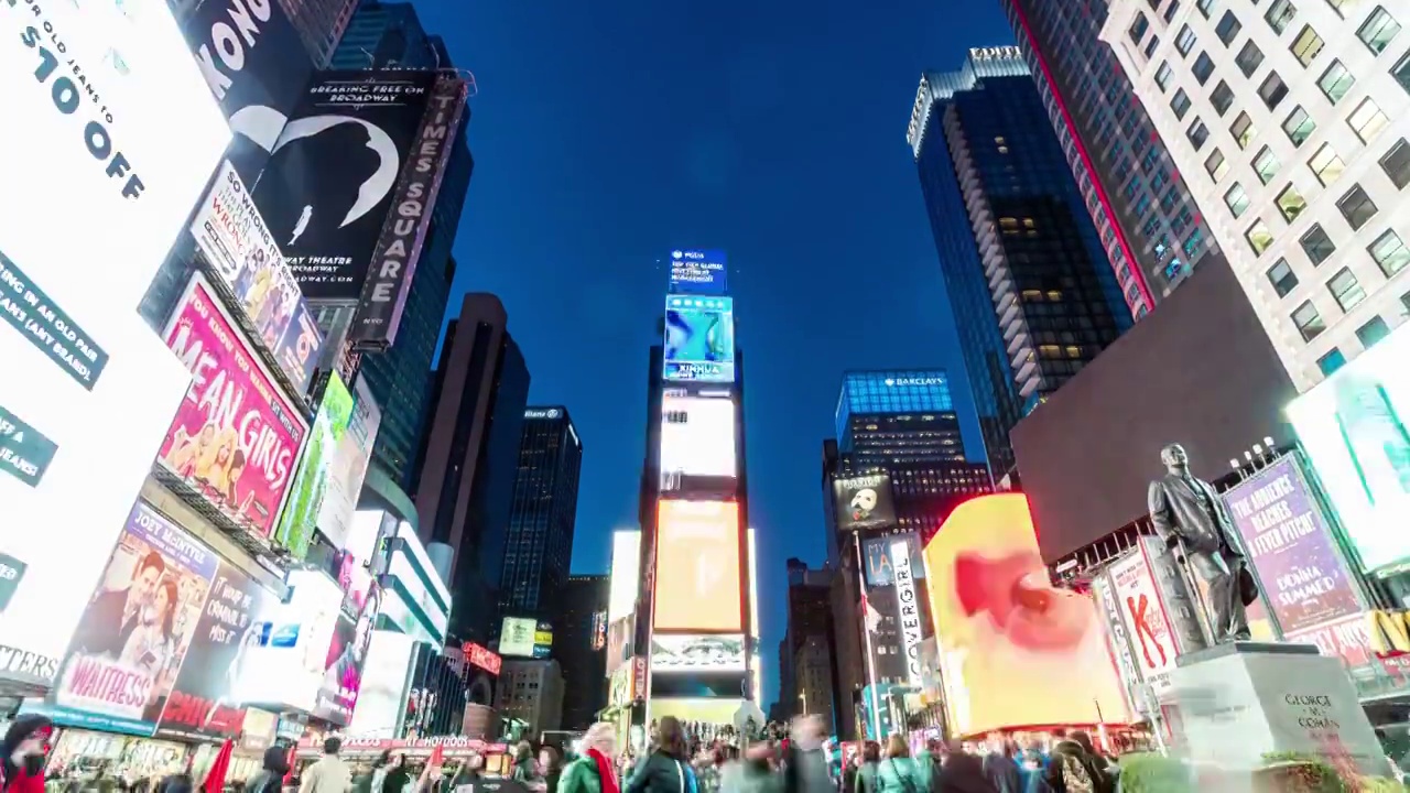 4K时间流逝的人群匿名游客步行和访问时代广场地区在黄昏时间，美国，纽约，美国，旅游和地标的商业概念视频下载