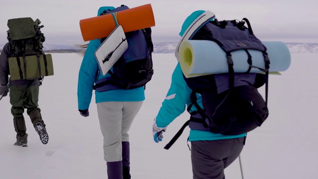 冬日里，一群游客背着背包，拄着拐杖在山上徒步旅行视频素材