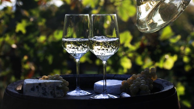 酿酒师将白葡萄酒倒入玻璃杯中视频素材