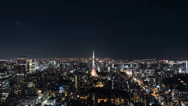 T/L WS HA TD在高峰时段与东京塔一起俯瞰东京城市天际线视频素材