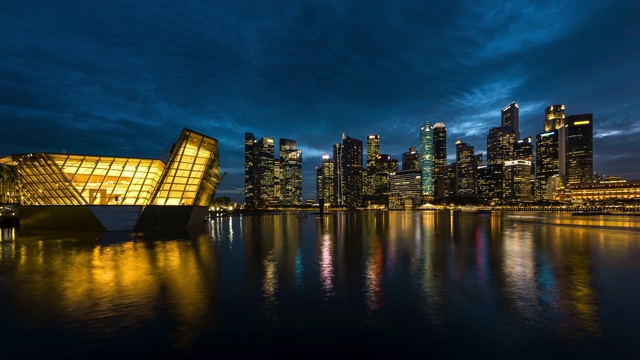 T/L WS EL未来主义的市中心天际线与现代摩天大楼在日落和夜晚/新加坡视频素材