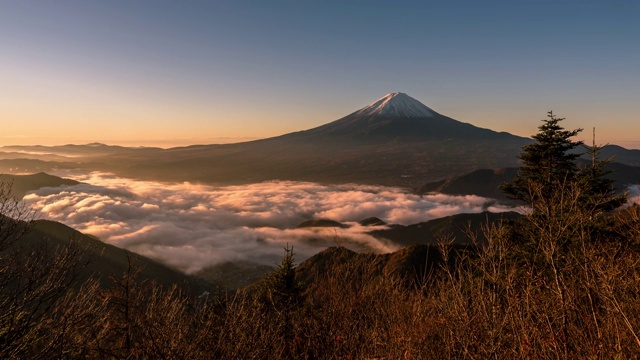 延时:富士山日出与川口湖鸟瞰图视频下载
