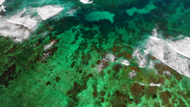 空中向前/向下:尼加拉瓜小玉米岛的岩石浅滩上亮绿色的海水视频下载