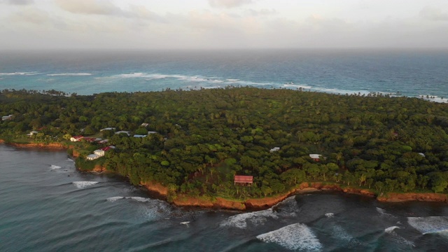 航拍右图:被明亮的蓝色海洋包围的森林覆盖的岛屿-尼加拉瓜的小玉米岛视频素材