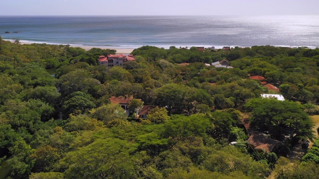 空中向前:被广阔的蓝色海洋覆盖的海岸上的树木平原- El Gigante，尼加拉瓜视频素材