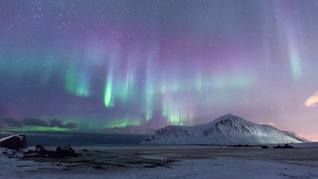 禁闭延时:挪威斯卡格桑登的绿色、紫色和蓝色北极光-挪威斯卡格桑登视频下载