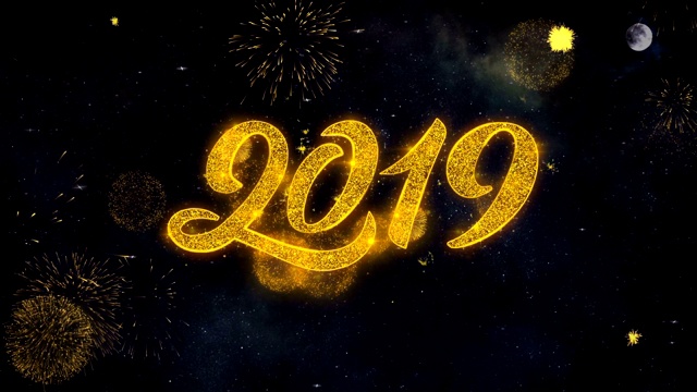 2019年新年快乐，文字祝福从烟花颗粒贺卡。视频素材