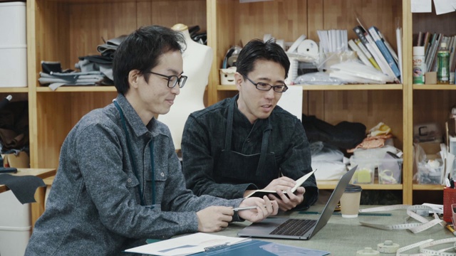 这是两个在纺织厂电脑前工作的中年设计专业人士的中图视频素材