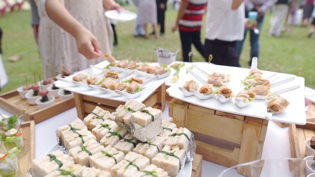 各种各样的开胃小菜放在白色的盘子上，适合户外婚礼和活动。视频下载