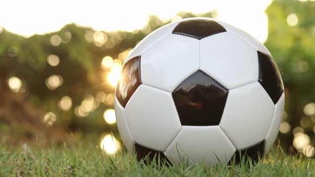 草地上的足球与金色的阳光闪耀和自然模糊的背景视频下载