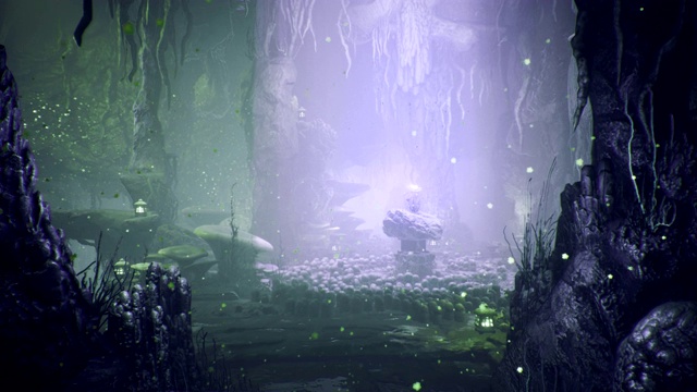 神奇的绿色蘑菇和神奇的蓝色花朵在一个神奇的洞穴。梦幻洞穴里美丽的神奇蘑菇和雾中的萤火虫。视频下载