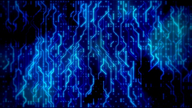 未来的蓝色电路板与移动数据在神经网络。技术loopable背景。视频下载