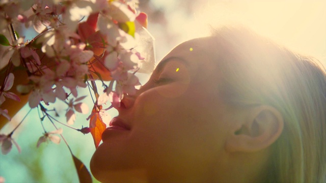 女人的头与治疗水晶对樱花树飘落的花瓣视频下载