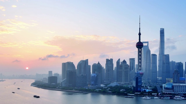 4K:上海天际线在日出时间流逝，中国视频素材