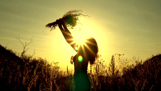 一个女孩在明亮的夕阳下的剪影，手里拿着一束野花。她闻着花，把它们带到露天的天空中。的概念。关闭了。4 k。视频下载