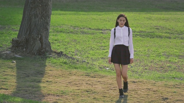 一个日本女孩慢镜头穿过田野。鸟在人后面飞。视频购买