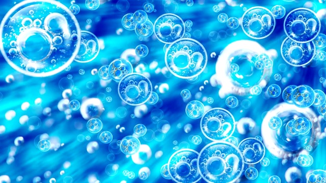 氧气的气泡在蓝色的海水中随着光线向上涌动。生态、环境、清洁海洋、饮用水、化妆品广告、洗洁精、肥皂或抽象背景视频素材