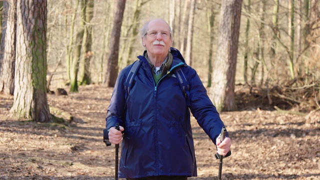 活跃的老年人在森林徒步旅行的肖像视频下载