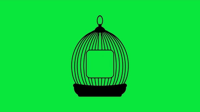 在绿色屏幕上播放的鸟笼动画。简单的平面线性风格。绿色背景上的笼子。4 k。视频下载